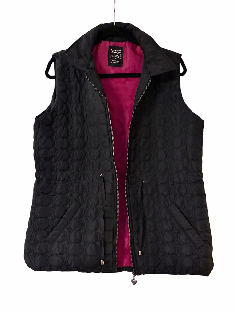 Three Hearts Black Quilted Vest with Fuchsia Lining Size L